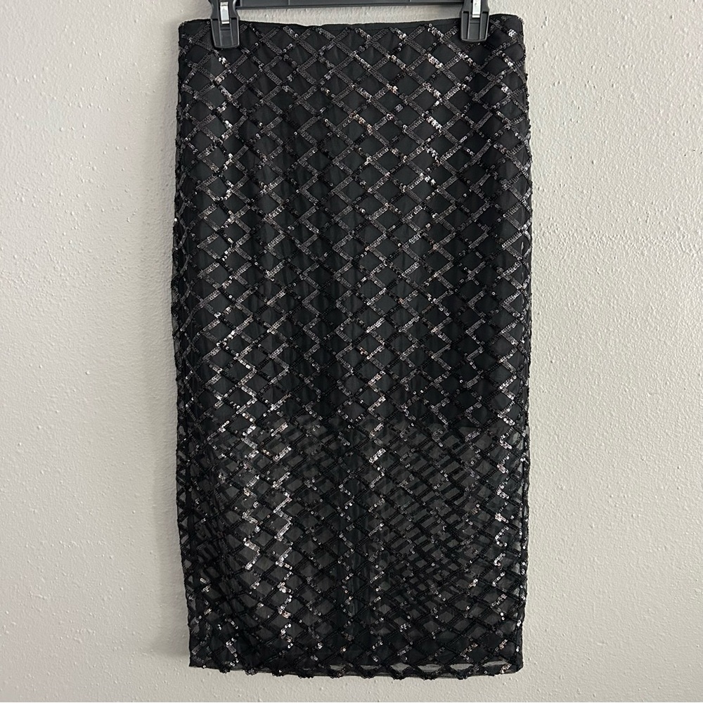 J. Crew Collection Black Lattice Sequined Mesh Midi Pencil Skirt Size 4 Layered